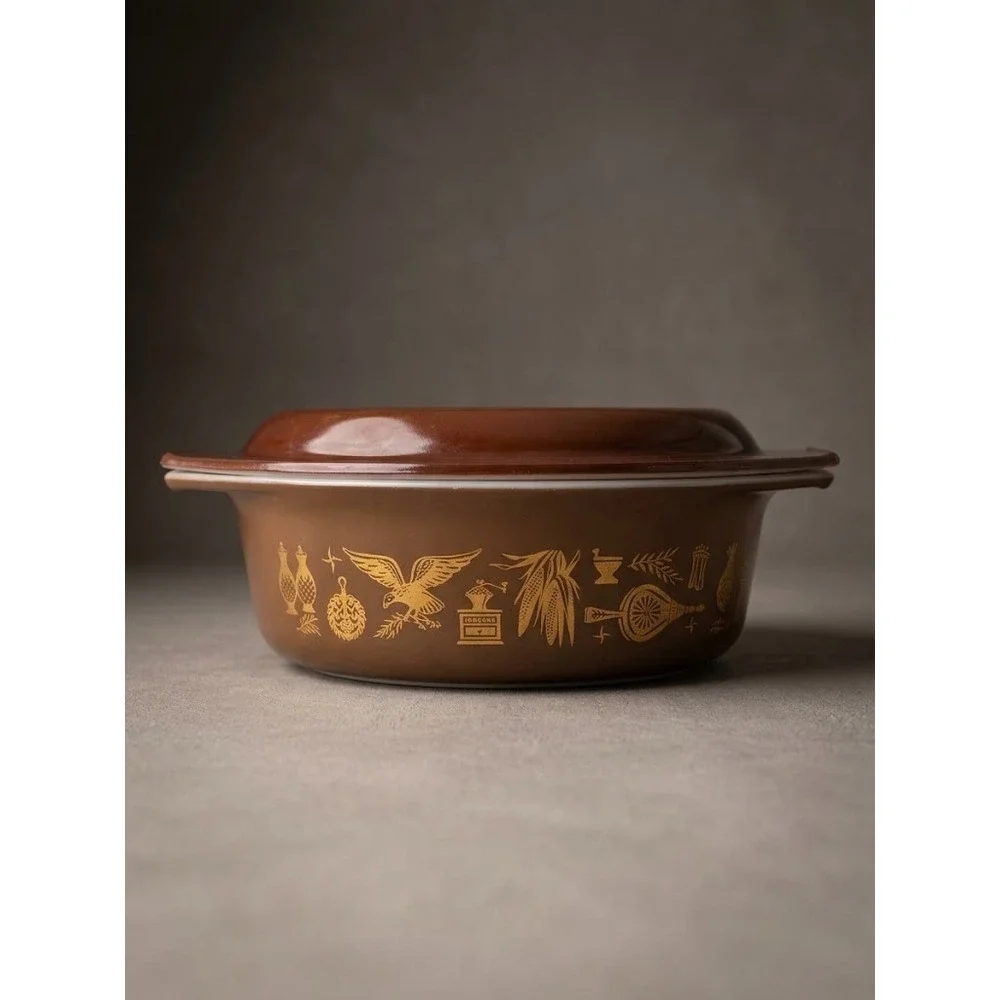 Vintage Pyrex Early American 1.5 Qt Casserole Dish 043 Brown Gold Eagle W/ Lid